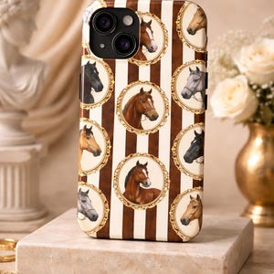 Étui pour téléphone avec broche cheval équestre cheval vintage, étui pour iPhone, marron chocolat, étui pour téléphone neutre, Style antique, cadeau pour amoureux des chevaux image 4