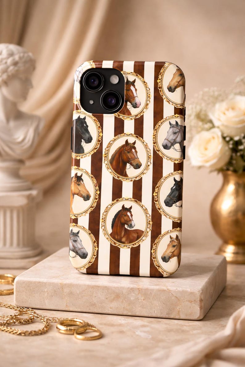 Étui pour téléphone avec broche cheval équestre cheval vintage, étui pour iPhone, marron chocolat, étui pour téléphone neutre, Style antique, cadeau pour amoureux des chevaux image 4