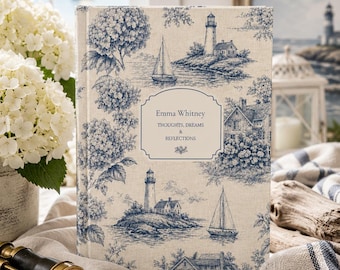 Personalized Coastal Toile Journal Custom Name Hardcover Notebook Hydrangea Lighthouse Journal New England Coastal Gift for Her