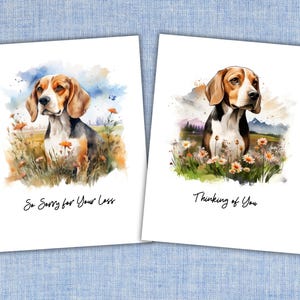 Tarjetas imprimibles por la pérdida de una mascota Beagle, descarga instantánea, juego de tarjetas de condolencias para perros, arte de acuarela de Beagle, regalo conmemorativo reconfortante para mascotas.
