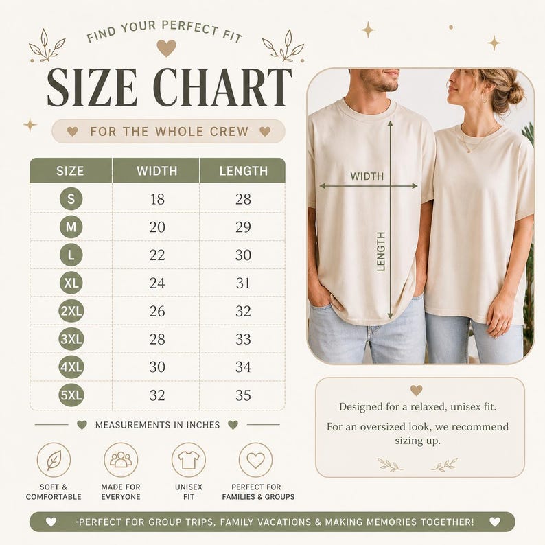 May include: Size chart for t-shirts, with measurements in inches. The chart includes sizes S to 5XL, with width ranging from 18 to 32 inches and length from 28 to 35 inches. The image also shows two people wearing beige t-shirts.