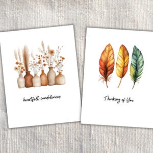 Conjunto de cartões de condolências Boho para download instantâneo, cartões de condolências em aquarela, cartões de luto florais para impressão, cartões de conforto digitais com penas
