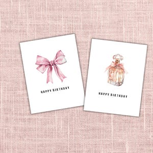 Coquette Birthday Cards For Friend Set of 2 Printable Pink Bow Perfume Bottle Watercolor Minimalist Birthday Card for Her Digital Download