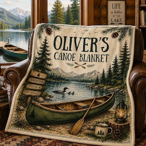 Personalized Canoe Blanket Custom Name Kids Camping Blanket Rustic Lake Cabin Blanket Woodland Adventure Blanket Outdoor Gift