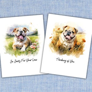 Tarjetas imprimibles por la pérdida de una mascota Bulldog, descarga instantánea, juego de tarjetas de condolencias para perros, arte de acuarela Bulldog, regalo conmemorativo reconfortante para mascotas