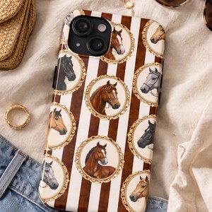 Étui pour téléphone avec broche cheval équestre cheval vintage, étui pour iPhone, marron chocolat, étui pour téléphone neutre, Style antique, cadeau pour amoureux des chevaux image 3