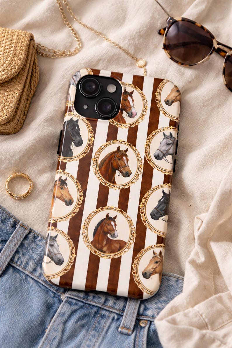 Étui pour téléphone avec broche cheval équestre cheval vintage, étui pour iPhone, marron chocolat, étui pour téléphone neutre, Style antique, cadeau pour amoureux des chevaux image 3