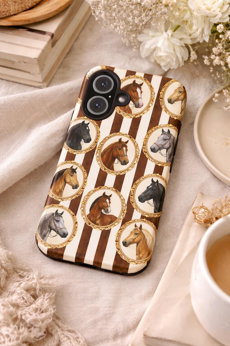 Peut inclure: Coque de t&eacute;l&eacute;phone orn&eacute;e d'un motif r&eacute;p&eacute;t&eacute; de portraits de chevaux dans des cadres ovales sur un fond de rayures marron et blanches. Le bo&icirc;tier a une zone d'objectif d'appareil photo noire.