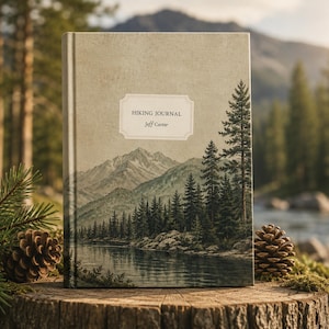May include: A hardcover journal with a light beige cover featuring a printed landscape of a mountain range, a forest of pine trees, and a lake. The text HIKING JOURNAL and Jeff Carter is printed in a white rectangular label on the front cover.