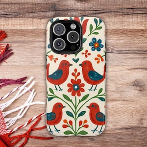 Scandinavian Folk Art Case Nordic Floral Design Red Birds Boho Cottagecore Style Vintage Pattern Protective Cute Aesthetic Gift For Her