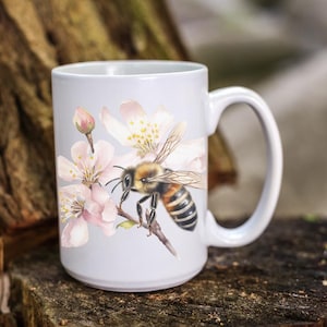 Watercolor Bee Mug Gardener Ceramic Mug with Cherry Blossoms Spring Floral Mug Nature Lover Gift Cute Bee Coffee Mug for Her Honey Bee Cup