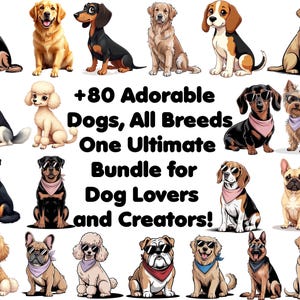 Dog PNG +80 Pack Dog Watercolor Puppy Clipart Printable Dog Breeds PNG Digital Download 300 DPI Commercial Use Sublimation Image Bundle