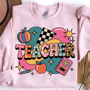 Coquette Teacher Png, Back to School Png, Teacher Appreciation Png, First Day of School Png, Bright Doodle Dots, Retro Teacher png