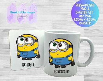 Ensemble de tasses et sous-verres Minions inspirés de Bob - Cadeau de 11 oz pour les proches, anniversaire, cadeau.