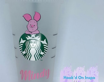 Winnie the Pooh Piglet Inspired Starbucks Cold Cup Tumbler – Custom Name – Personalised Gift – Reusable Venti Cup – Cute Bear Design