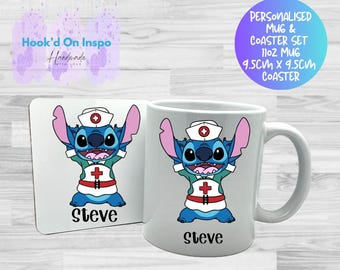 Disney Inspired Nurse Stitch Mug & Coaster Set – Personalised 11oz Gift for Loved Ones, Present