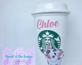 Taza reutilizable de Starbucks con diseño de Moana y Pua, inspirada en Disney, taza personalizada de Disney, regalo con nombre personalizado, taza de café tropical, ecológica.