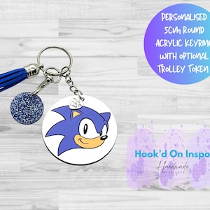 Personalised Sonic Keyring: Gamer Backpack Charm with Optional Trolley Token