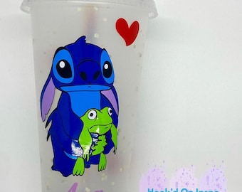 Kubek/szklanka do napojów na zimno z motywem Stitch z żabą o pojemności 24 uncji – personalizowany i w wielu kolorach