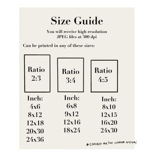 May include: A size guide for printable art prints, showing different aspect ratios and corresponding inch measurements. The ratios are 2:3, 3:4, and 4:5. The inch measurements include 4x6, 8x12, 12x18, 20x30, 24x36, 6x8, 9x12, 12x16, 18x24, 8x10, 12x15, 16x20, and 24x30.