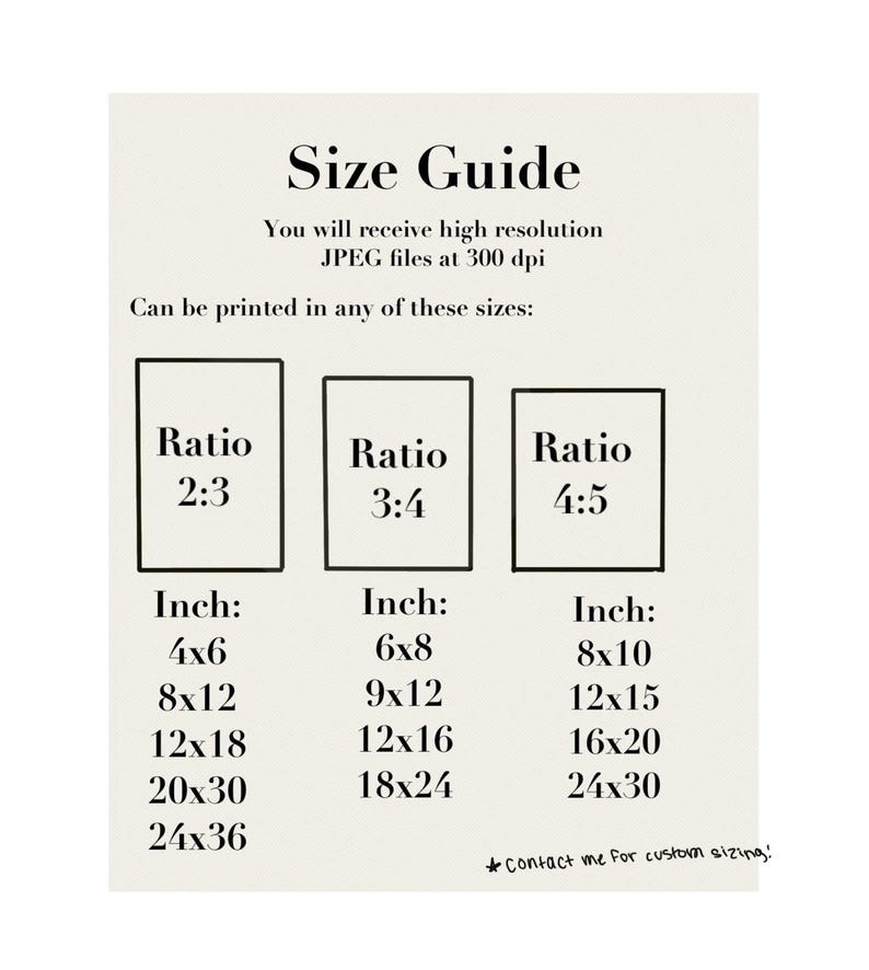 May include: A size guide for printable art prints, showing different aspect ratios and corresponding inch measurements. The ratios are 2:3, 3:4, and 4:5. The inch measurements include 4x6, 8x12, 12x18, 20x30, 24x36, 6x8, 9x12, 12x16, 18x24, 8x10, 12x15, 16x20, and 24x30.