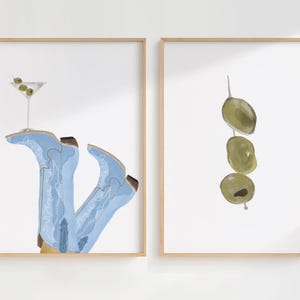 Zestaw 2 Martini Duo Bar Cart Digital Prints- Najlepiej sprzedające się wydruki- Wydruk Martini- Oliwki koktajlowe- Coastal Cowgirl- Sztuka akwarelowa