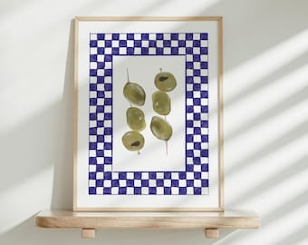 Blue Checkered Olive Watercolor Print: Kitchen Bar Cart Decor (Digital Download)