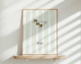 Martini Watercolor Print: Green Stripes Bar Cart Art (Digital Download)