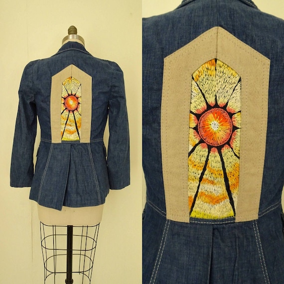 1970s hand embroidered Portal Sun denim blazer