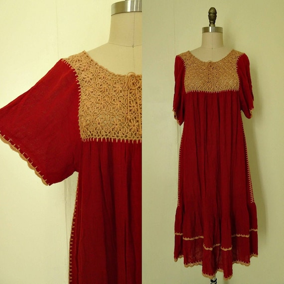 Mable 1970s crochet Autumn red gauze dress