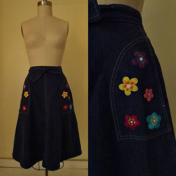 1970s hand embroidered denim wrap skirt