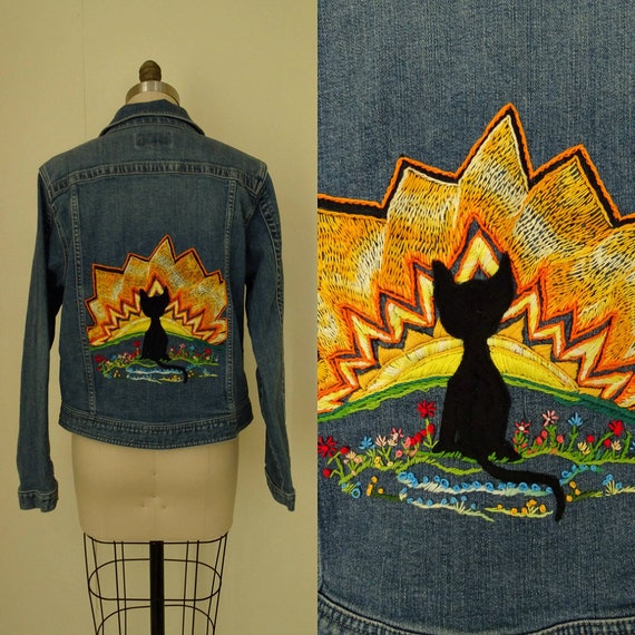 1980s embroidered Black cat jean jacket