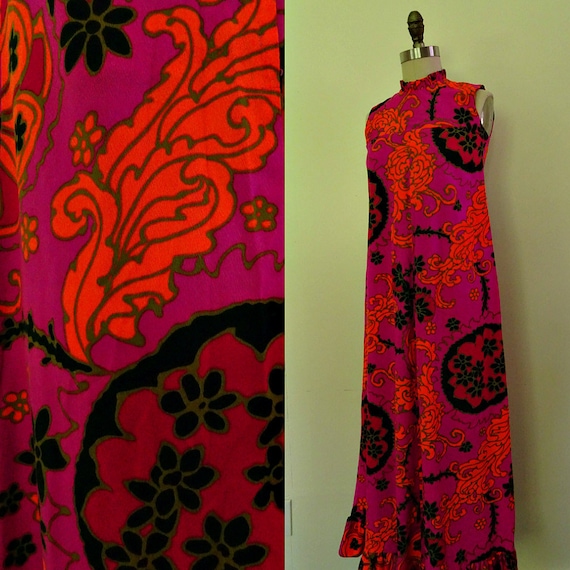 Floral fuchsia 1970s dress