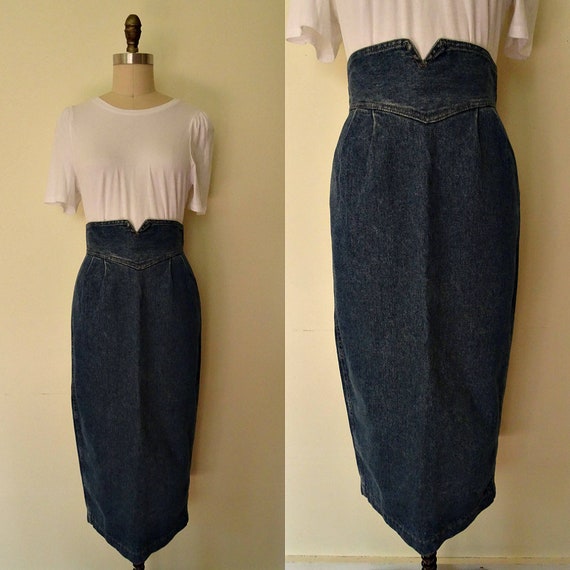 1980s denim high waist straight skirt