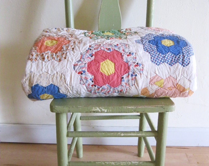Vintage Grandmother's Flower Garden Pattern Quilt With Attached Yellow ...