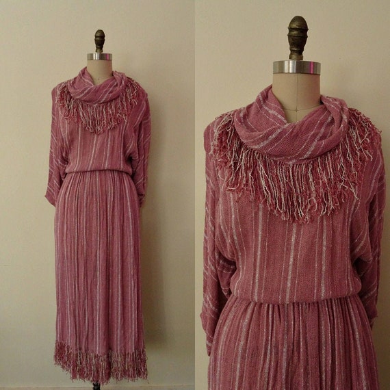1980s fringe trim pink stripe dress