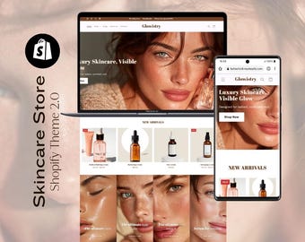 May include: A laptop and smartphone display the "Glowistry" skincare website, featuring product images and a model's face. The website includes the text "Luxury Skincare, Visible Glow." A Shopify Store logo is visible in the corner.