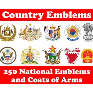 Könnte beinhalten: Das Bild zeigt eine Sammlung von Nationalemblemen und Wappen verschiedener Länder. Ein rotes Banner mit der Aufschrift "Country Emblems" und "250 National Emblems and Coats of Arms" ist zu sehen.