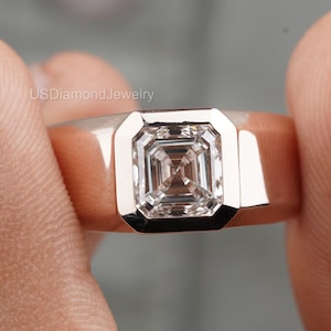Asscher Cut Bezel Set Ring 1.00 CT VVS2 IGI Certified Lab Grown Diamond 14K Rose Gold Wedding Gift Ring For Men Perfect Gift Ring For Father