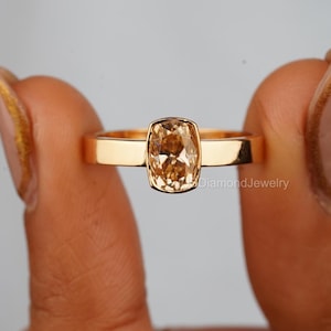 1.09 CT Yellow Gold Diamond Ring/ Cushion Cut Champagne Moissanite Ring/ Solitaire Engagement Ring/ Bezel Set Diamond Ring/ Anniversary Gift