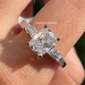 Prong Set Elongated Cushion Cut Ring For Engagement three stone wedding ring for women 14K White Gold Ring Moissanite Diamond Gift For Her