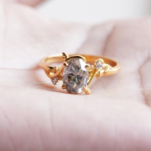 1.50 Carat Oval Grey Moissanite Engagement Ring Cluster Diamond Wedding Ring Oval Cut Gray Diamond Ring 18K Yellow Gold Bridal Gift Ring