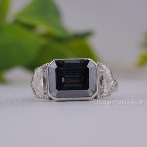 3.50 CT Grey Moissanite Ring/ 14K White Gold Diamond Gift Ring/ Emerald Shape Moissanite Ring/ Diamond Wedding Ring/ Bezel Set Diamond Ring