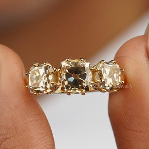 Three Stone Moissanite Ring/3.15 CT Cushion Old Mine Cut Moissanite Ring/ 14K Yellow Gold Engagement Ring/ Champagne Moissanite Ring For Her