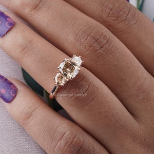 Three Stone Moissanite Ring/3.00 CT Cushion Old Mine Cut Moissanite Ring/ 18K Yellow Gold Engagement Ring/ Champagne Moissanite Ring For Her