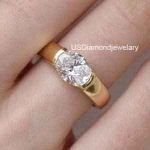 Oval Cut Women&#39;s Engagement Ring 1.50CT Moissanite Diamond 14K Yellow Gold Ring Half Bezel Set Wedding Gift For Her wide band solitaire Ring