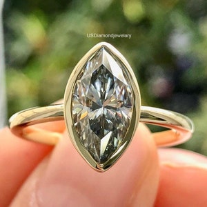 1.60 Carat Marquise Cut Grey Moissanite Ring Bezel Set Solitaire Engagement Ring Grey Moissanite Yellow Gold Ring Bridal Wedding Ring