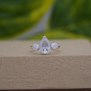 3.70CT Pear Cut Lab Diamond Engagement Ring For Her 14K Solid Gold Three Stone Ring For Wedding Bezel Set Ring Anniversary Ring For Women