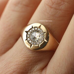 14K Solid Gold Round Rose Cut Moissanite Diamond Engagement Ring Signet Ring For Her Vintage Style halo bezel set ring Thick Band Ring VVS2