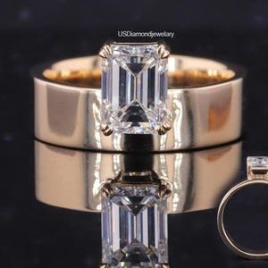 2 Carat Emerald Cut Diamond Wedding Ring Emerald Moissanite Ring Wide Band Rose Gold Band Solitaire Diamond Ring Anniversary Gift Ring